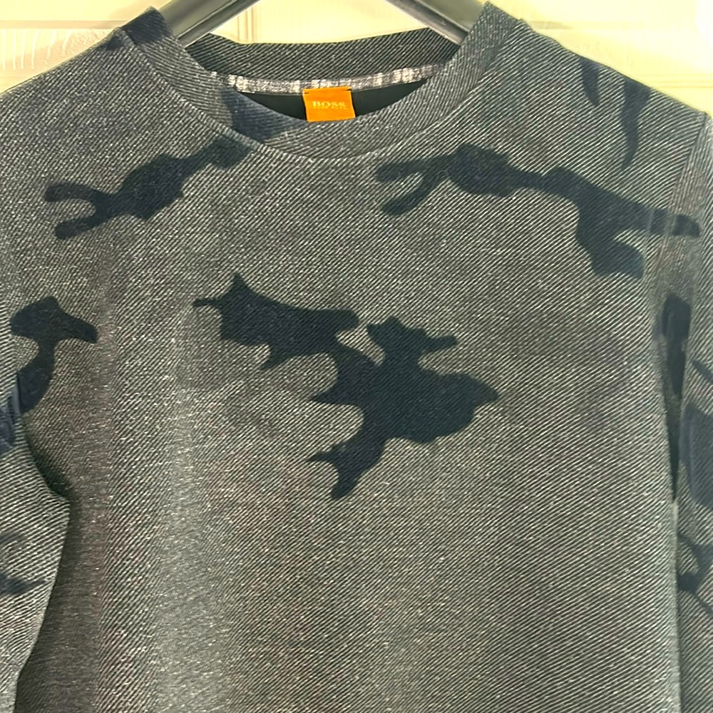 HUGO BOSS Pullover Crew Sweatshirt -Medium -Grey twill like texture-Flocked Camo